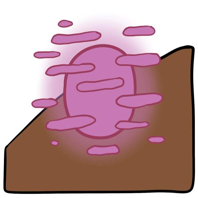 A pink glowing oval with little horizontal pink blobs across and around it. Curved medium brown skin fills the bottom half of the background.